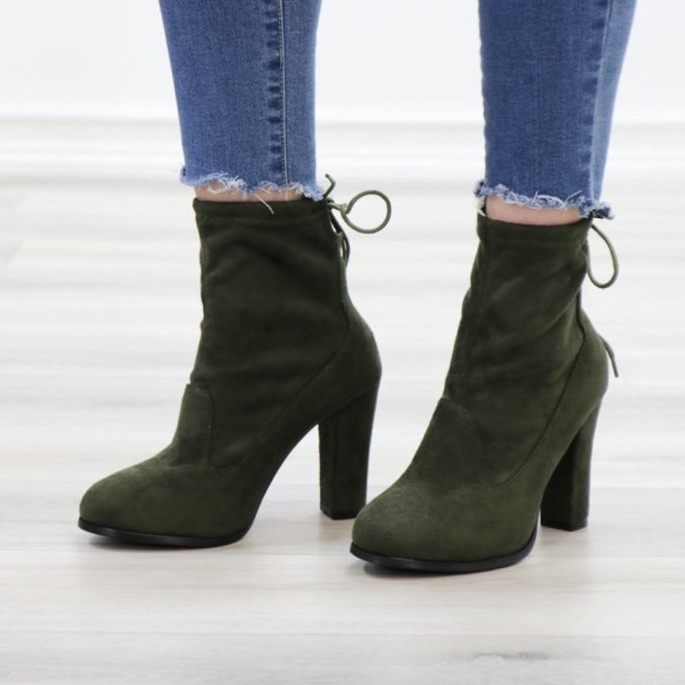 Round Toe Olive Suede Ankle Heeled Boots, Booties - Picture 3 of 11